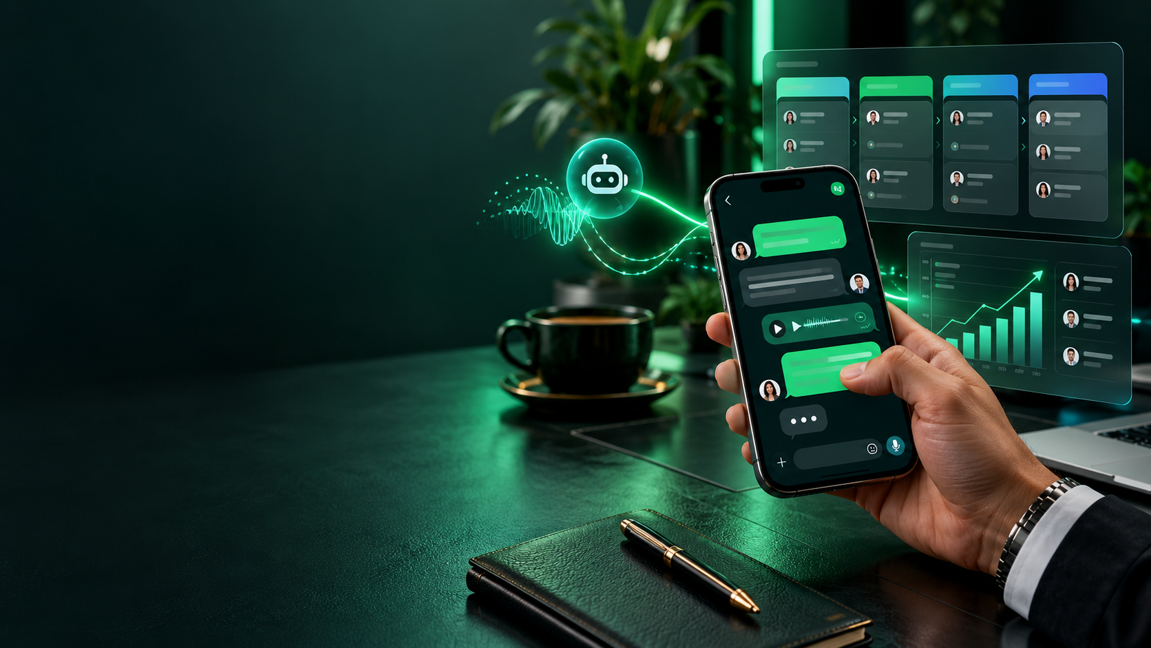 Teléfono con una conversación comercial, un CRM y un asistente de inteligencia artificial